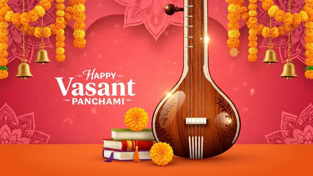 Happy Vasant Panchami Saraswati Puja Background with Tanpura Books Flowers