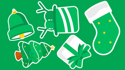 Green christmas objects including a bell reindeer tree gift stocking 4K pattern video