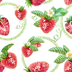 Seamless pattern with strawberries, green leaves, small white flower, openwork circle. Watercolor illustration. Endless pattern is printable. Suitable for wallpaper, fabric, romantic wrapping paper