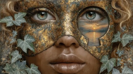 Surreal closeup of a woman wearing a textured golden mask with a keyhole window showing a calm ocean sunset, framed by ivy leaves, ideal for fantasy or mystery themes.