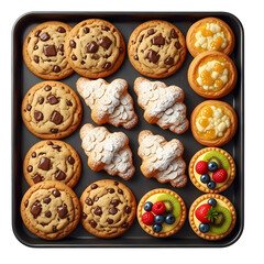Assorted baked goods on baking sheet isolated on transparent background