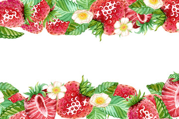 A horizontal frame of juicy strawberries. A red summer berry wreath. Hand drawn watercolor illustration. Copy space template for design cosmetics, fruit snacks, marmalade, candies, chewing gum, menu