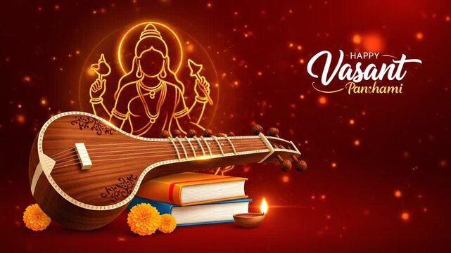 Happy Vasant Panchami Goddess Saraswati Veena Books Festival Greeting