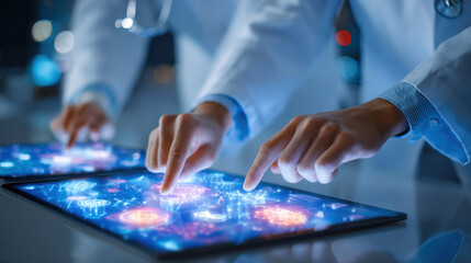 Close-up of two doctors using an advanced interactive tablet for futuristic medical research and data analysis