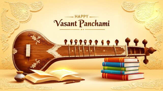 Happy Vasant Panchami Festival Veena and Books Illustration