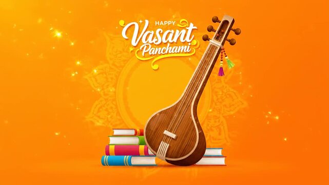 Happy Vasant Panchami Festival Background Sitar and Books Saraswati Puja