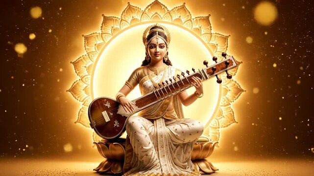 Goddess Saraswati Playing Veena Divine Golden Aura Background