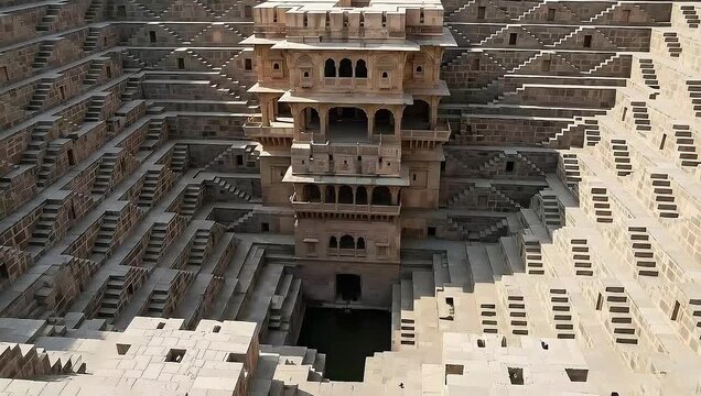 High Angle View of Ancient Chand Baori Stepwell with Geometric Stone Staircases in Rajasthan