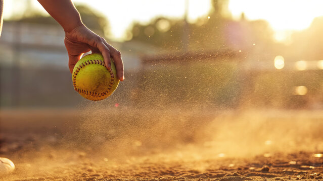 Softball pitcher hand releasing fastball concept. A hand releasing a softball on a dusty field at sunset.