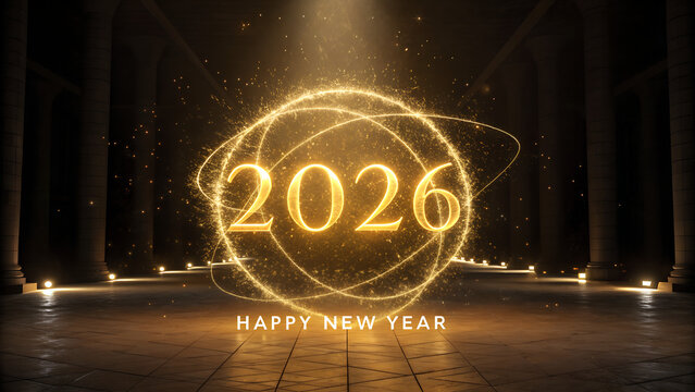 Happy New Year 2026 Modern Festive Gold Typography Banner