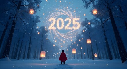  a snowy forest where each snowflake is a tiny glowing lantern. These lanterns drift upward to form a spiral portal in sky shaped like “2025”