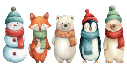 A whimsical illustration of cute winter animals in scarves, featuring a snowman, fox, bear, penguin, and another bear.