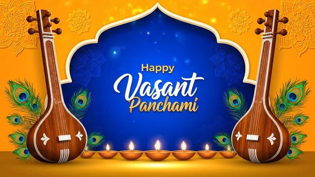 Happy Vasant Panchami Festival Celebration Background with Veena and Diyas