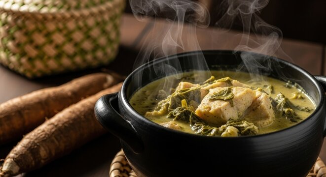Earthy Comorian Mataba Cassava Leaf Stew with Fish and Copy Space