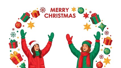 Fototapeta premium Two joyful women dressed as Santa Claus and an elf are celebrating Christmas with festive decorations