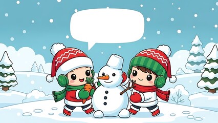 Two children build a snowman on a snowy Christmas day with trees around