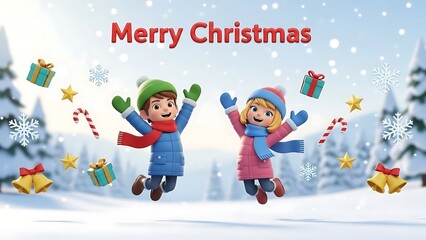Fototapeta premium Two children jumping happily in a snowy Christmas landscape with presents and decorations