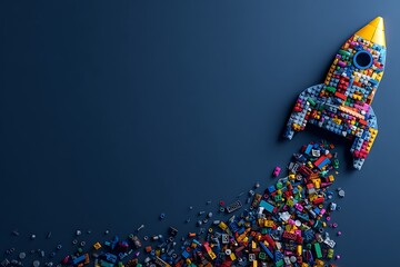 Colorful Lego rocket launching into the sky with scattered pieces