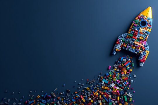 Colorful Lego rocket launching into the sky with scattered pieces