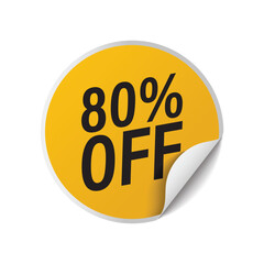 Yellow round discount sticker showing eighty percent off price reduction for commercial retail sales promotions