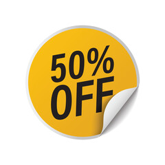 Yellow round discount sticker showing fifty percent off price reduction for commercial retail sales promotions