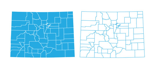 Blue silhouette and outline vector map of Colorado state with county borders on white background