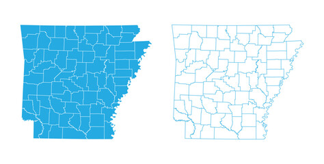 Blue silhouette and outline vector map of Arkansas state with county borders on white background