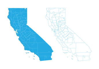 Blue silhouette and outline vector map of California state with county borders on white background