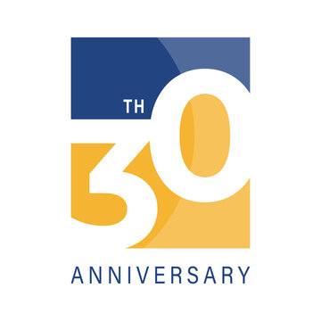 Professional yellow thirty year anniversary logo with bold black outlines on a clean white background