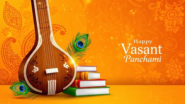 Happy Vasant Panchami celebration background with Sitar books and peacock feather