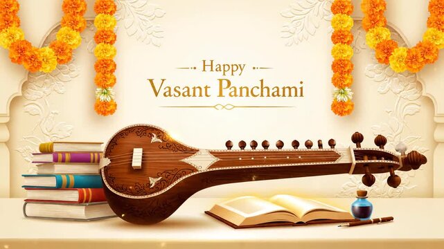Happy Vasant Panchami Celebration Veena Books Marigold Garland