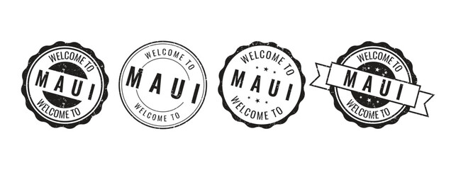 Set of Welcome to Maui black rubber stamp seal icons for Hawaii travel