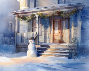 Charming winter scene featuring a snowman in front of a decorated house, capturing the essence of the holiday season.
