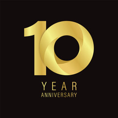 Luxury gold gradient number ten anniversary logo design on a dark black background for celebration