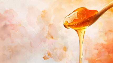 watercolor macro honey dripping from wooden spoon