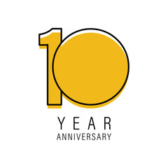 Minimalist yellow number ten year anniversary logo design with bold black outlines on white background