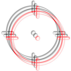 An abstract digital art piece featuring multiple overlapping target reticles in red, grey, and translucent tones, creating a glitch or motion blur effect.