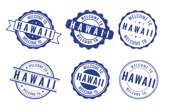 Welcome to Hawaii stamp set featuring blue vintage rubber seal designs isolated on white background element