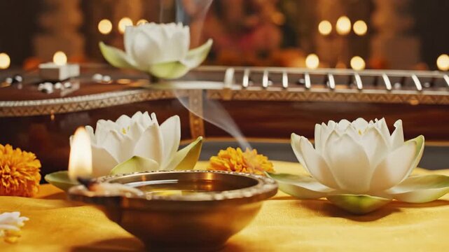 Religious Offering Setup for Saraswati Puja Vasant Panchami