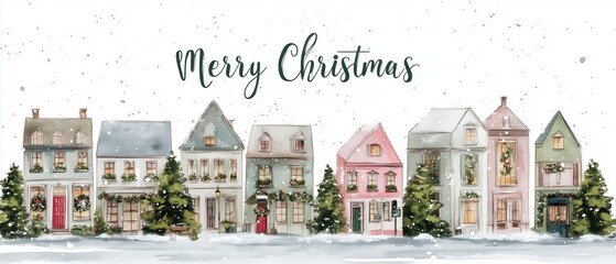 Charming winter village scene with colorful houses and festive Christmas decorations, perfect for holiday celebrations.