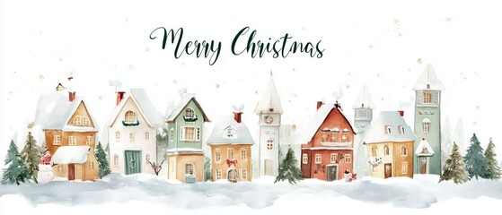 Charming winter village scene with colorful houses and snow, celebrating the festive spirit of Christmas in a cozy atmosphere.