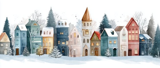 Charming winter village scene with colorful houses nestled among snow-covered trees, evoking a cozy holiday atmosphere.