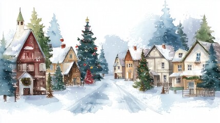 Charming winter village scene with snow-covered houses and festive decorations under a clear sky. Perfect for holiday themes.