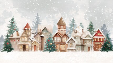 Charming winter village scene with snow-covered houses and festive trees, evoking warmth and holiday spirit.