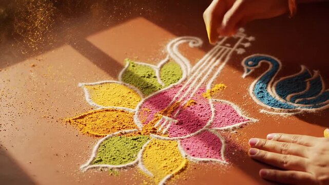 Woman making colorful Saraswati Puja Rangoli art for Vasant Panchami