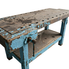 Old wooden workbench with vise isolated on transparent background