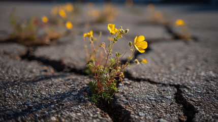 Small yellow wildflowers growing through cracks in rough asphalt surface