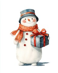 Cheerful snowman with a festive gift, wearing a blue hat and orange scarf, capturing the joyful spirit of winter celebrations.
