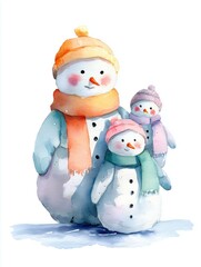 Cheerful snowmen family in winter attire, perfect for holiday decorations and cheerful winter themes.