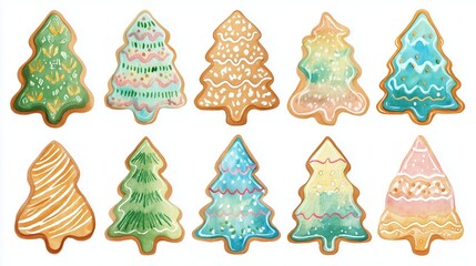 Colorful and artistic gingerbread cookies shaped like Christmas trees, perfect for holiday celebrations and festive treats.